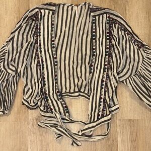 Free People Black and White Striped Blouse with Embroidery